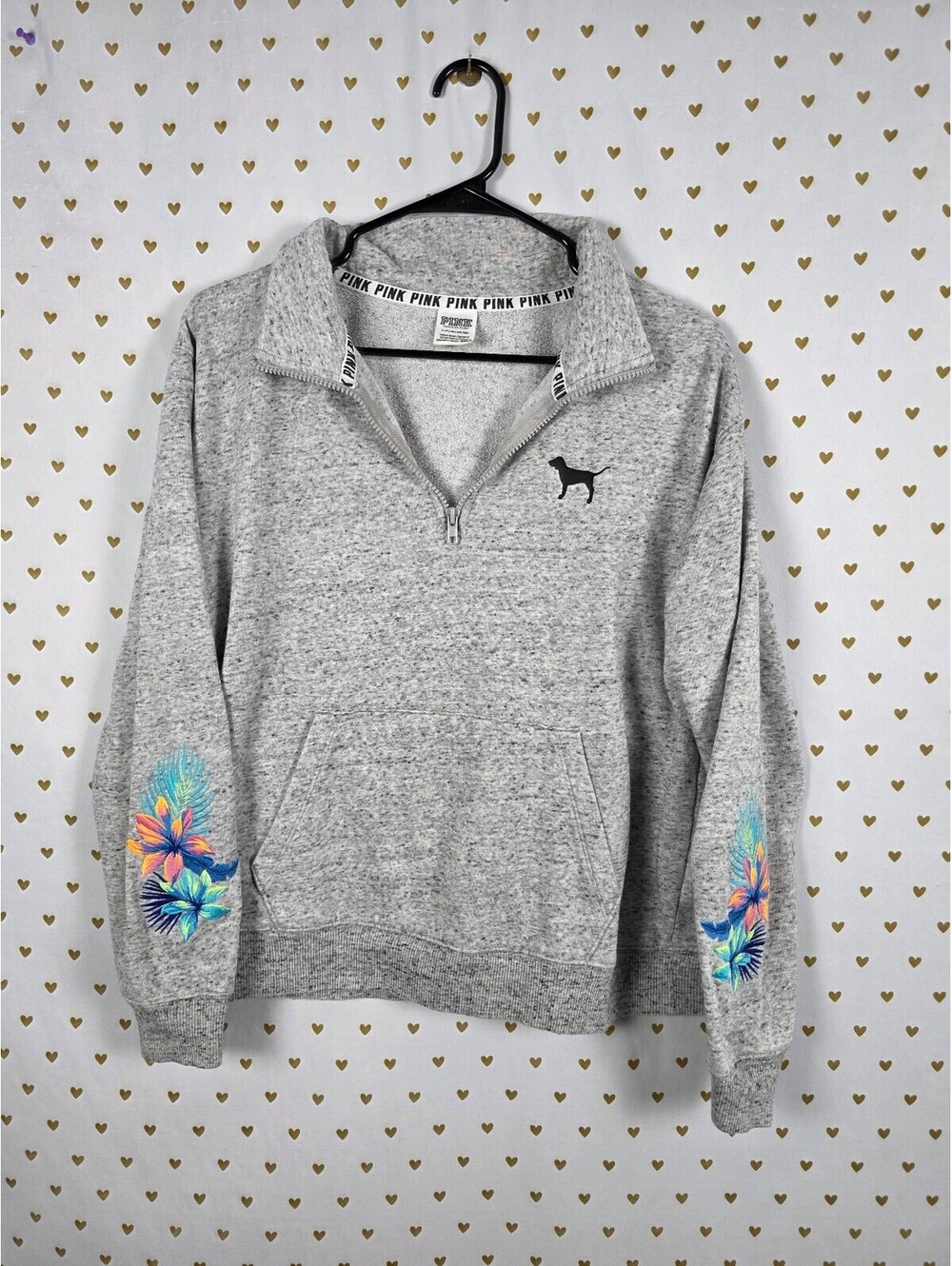 Victorias Secret Pink Embroidered Hibiscus Quarter Zip Grey Sweater SMALL